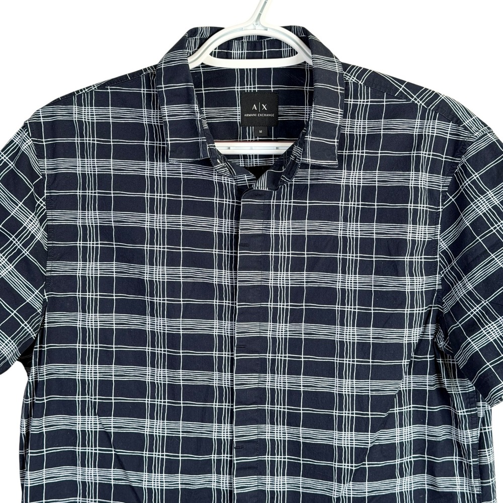 Armani Exchange Button Up Shirt Slim Fit Mens M Blue Plaid S/S Concealed Buttons